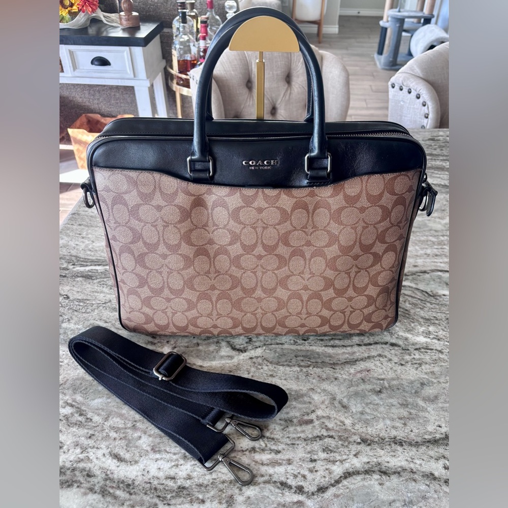 Coach Tan Signature Canvas and Black Leather Laptop Bag
